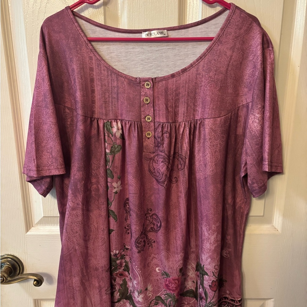 NY Collection Mauve Floral Scoop-Neck Short Sleeve Tunic Top